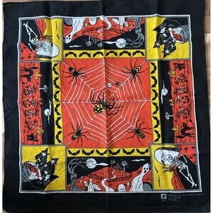 Vtg Halloween Bandana Scarf Ghosts Skeletons Witches Black Cats Pumpkins Paris